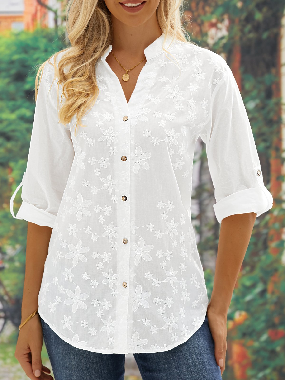 Women's Lace Stitching Cotton Linen Long Sleeve Shirt