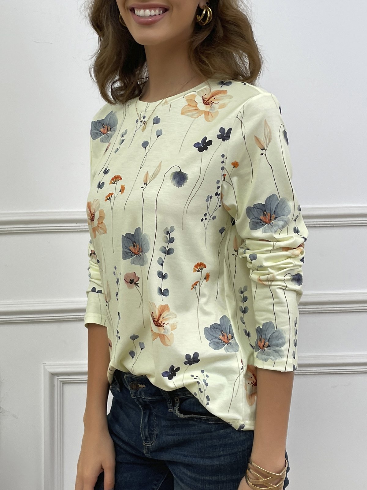 Country Floral Casual Crewneck Knit T-Shirt