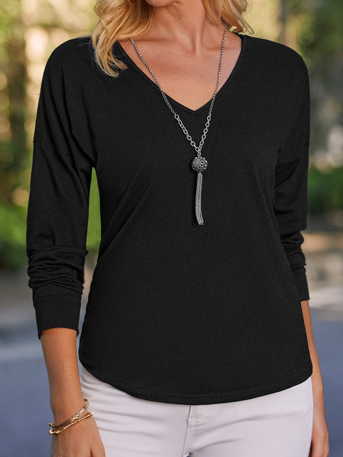 Casual V Neck Loose Long Sleeve Top