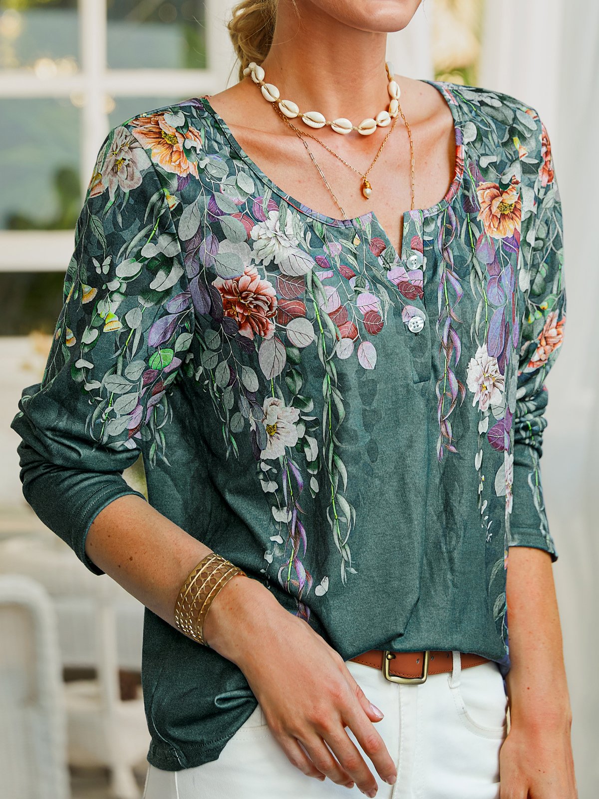 Casual Floral Autumn Daily Regular Fit Long sleeve Cotton-Blend Regular H-Line Top for Women