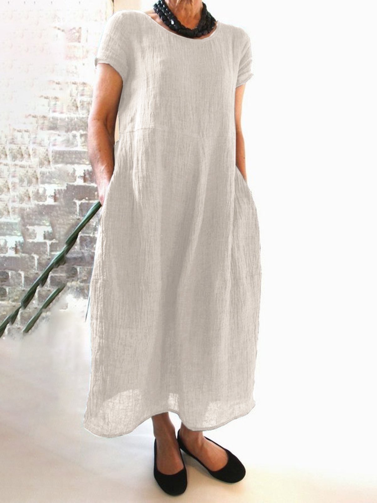 Cotton-Blend Loose Vacation Solid Summer Dress