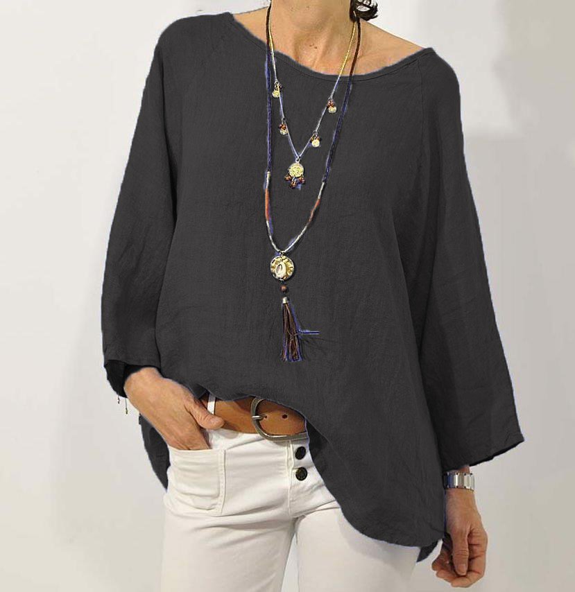 Loose Crew Neck Cotton Shirt & Blouses
