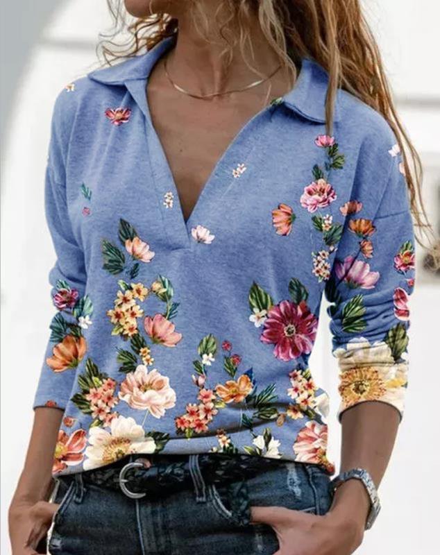 Cotton Loose Simple Floral Long Sleeve Top