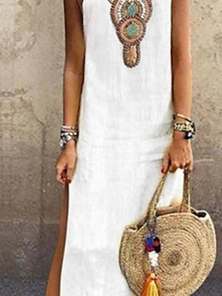 Linen Color Block Loose Simple Boho Dress