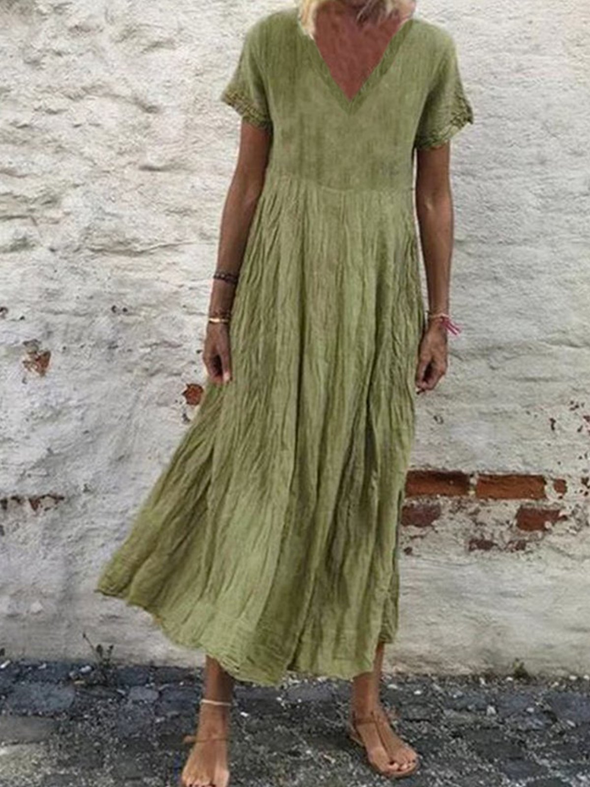 Casual Plain Fit Cotton-Blend Linen Dress