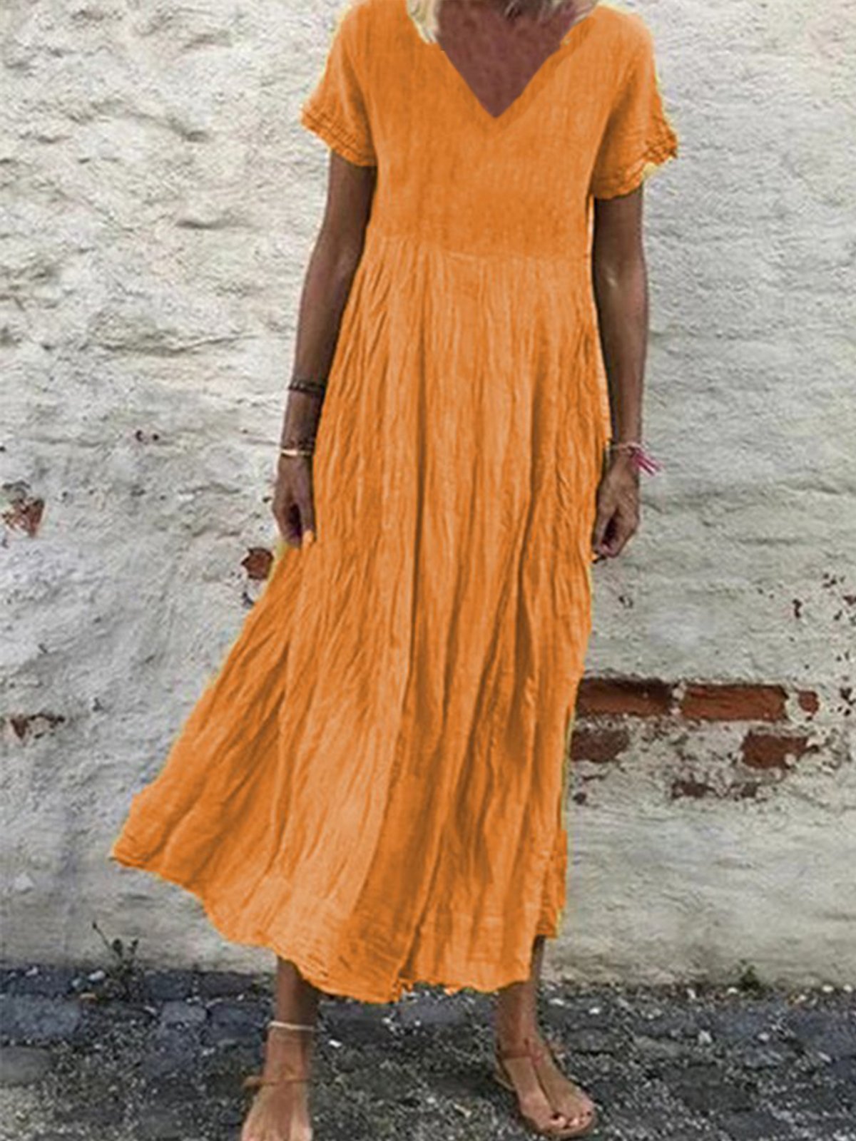 Casual Plain Fit Cotton-Blend Linen Dress