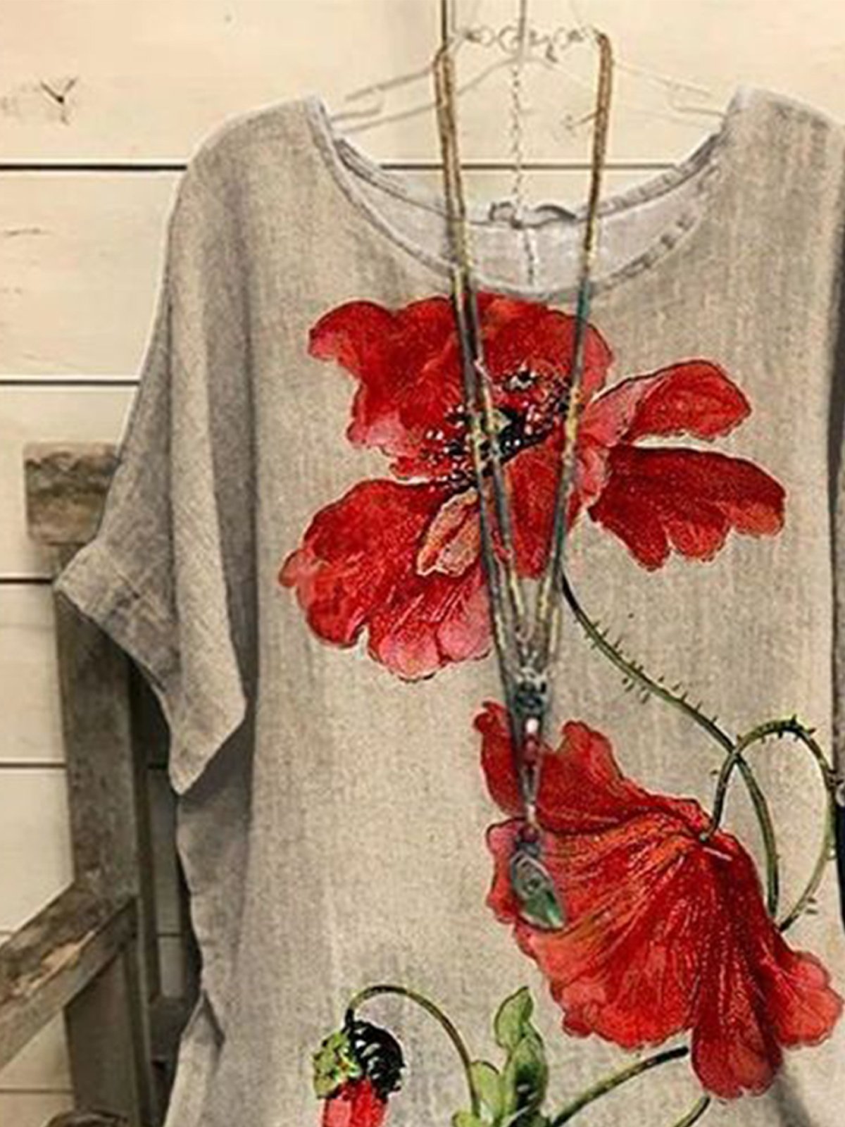 Batwing Sleeve Crew Neck Floral Loose T-shirt