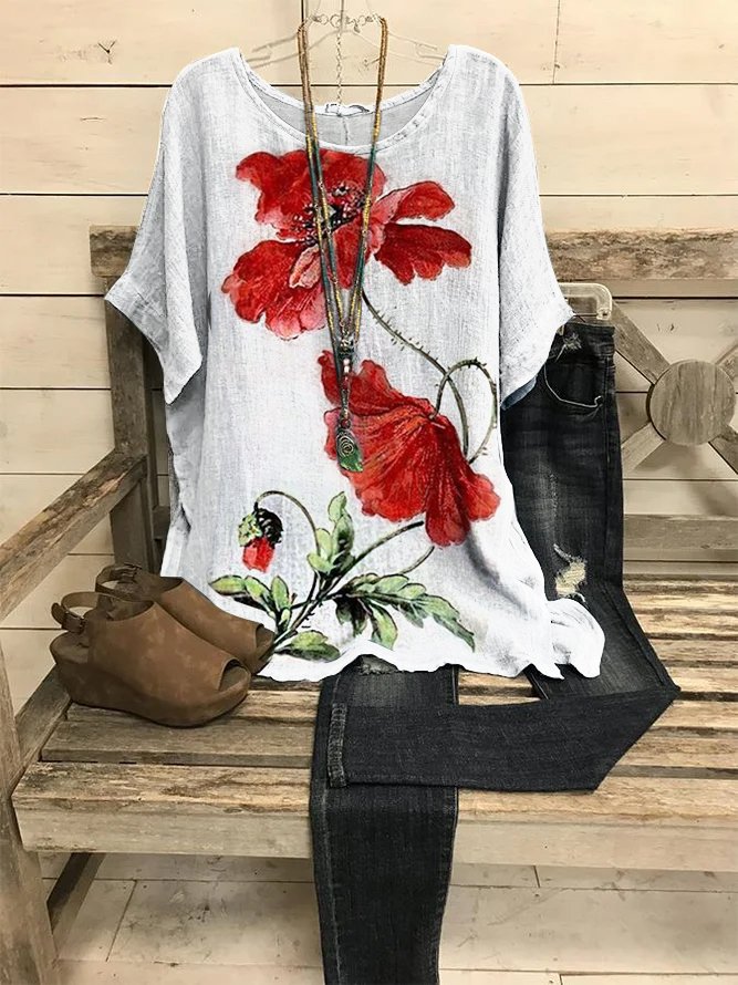 Batwing Sleeve Crew Neck Floral Loose T-shirt