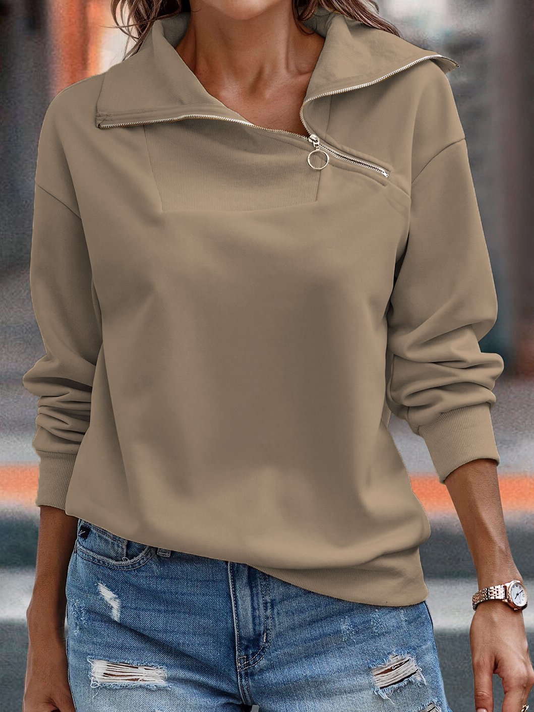 Women Casual Plain Zipper Turtleneck Sweatshirt