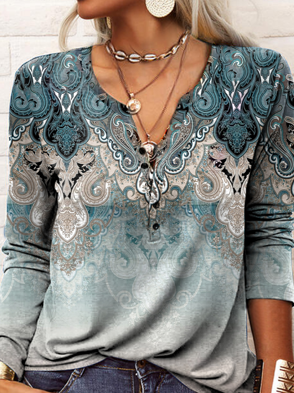Regular Fit Half Open Collar Ethnic Boho Top