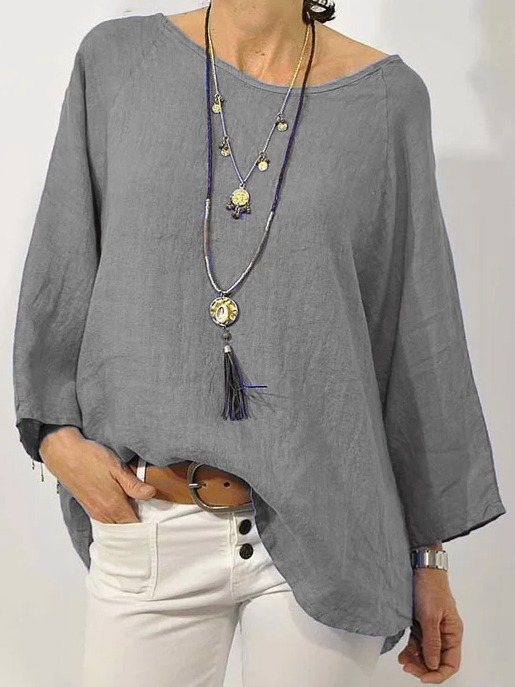 Loose Crew Neck Cotton Shirt & Blouses