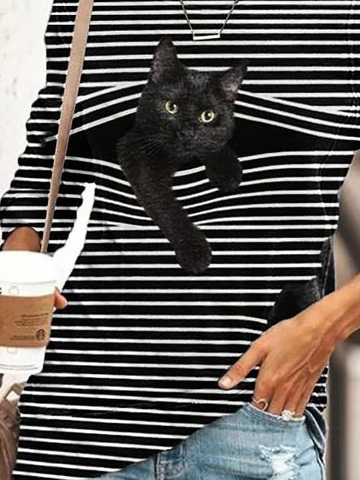 Striped Cotton-Blend Casual Crew Neck Sweatshirt & Hoodies