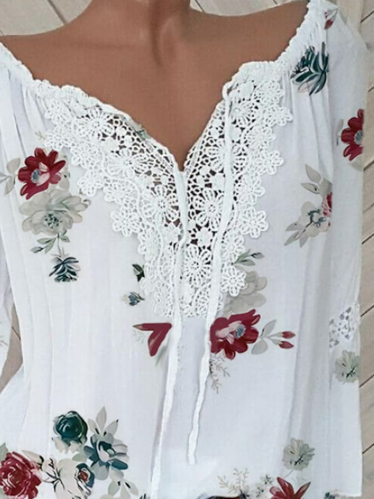 Casual V Neck Lace Regular Fit Blouse