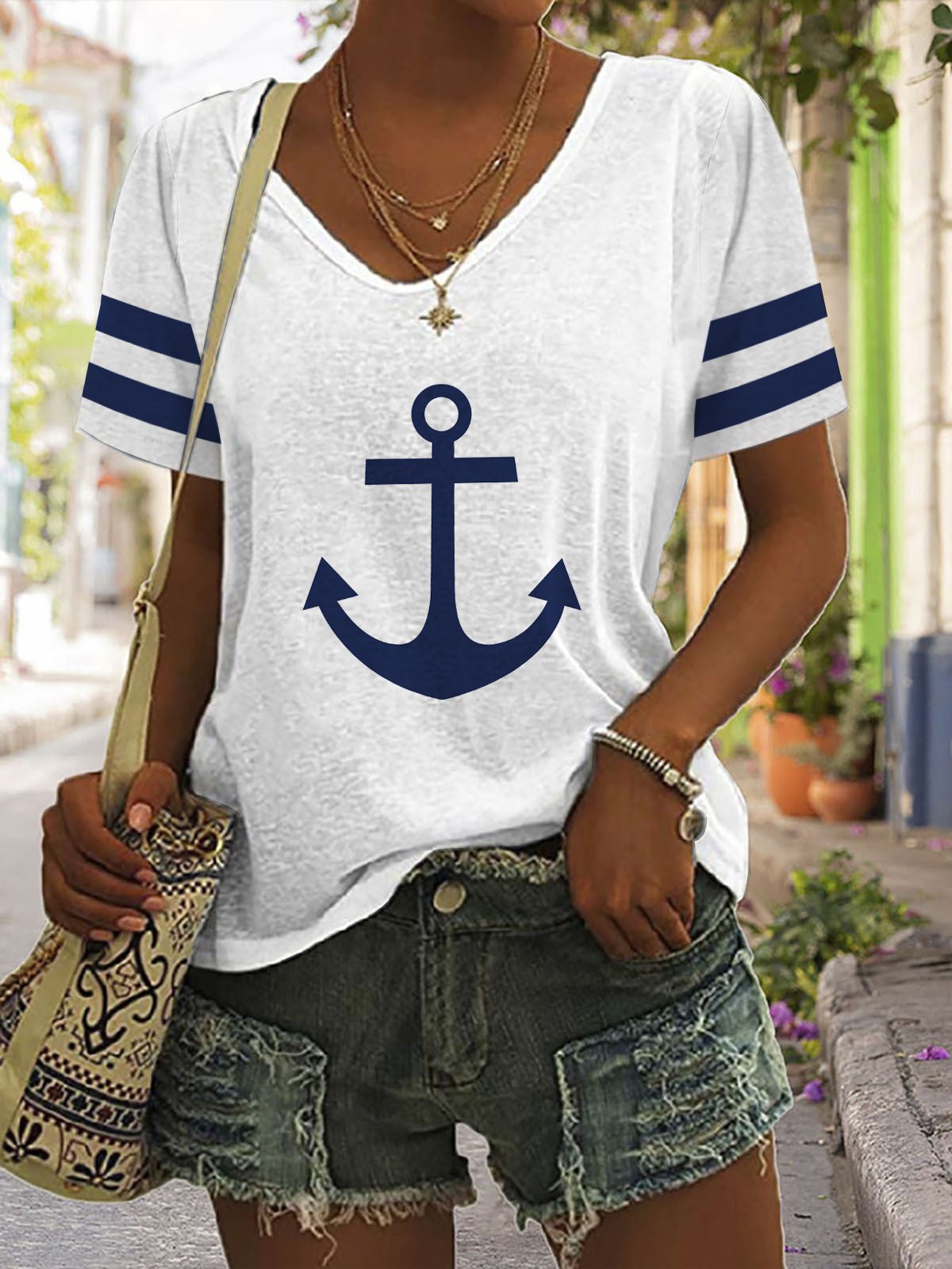 Sea Casual V Neck Anchor T-Shirt