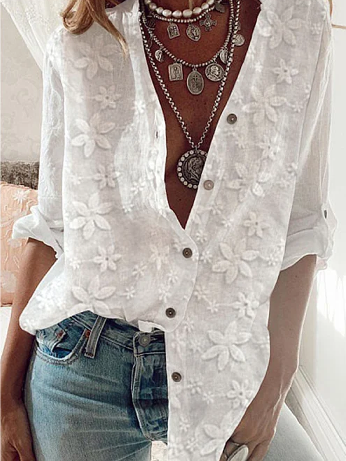 Women's Lace Stitching Cotton Linen Long Sleeve Shirt