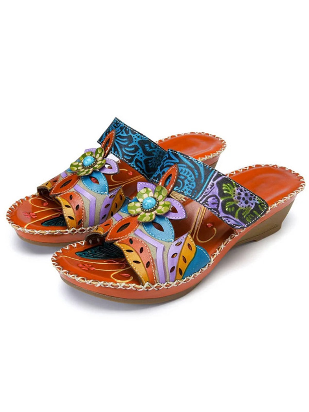 Retro Color Contrast Ethnic Style Flower Hollow Wedge Sandals
