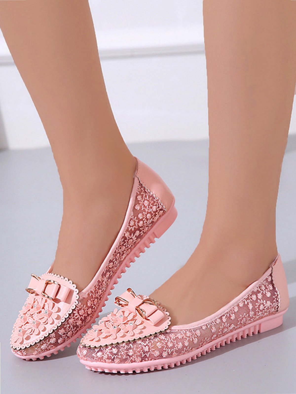 Elegant Applique Bowknot Decor Lace Split Joint Flat Shoes