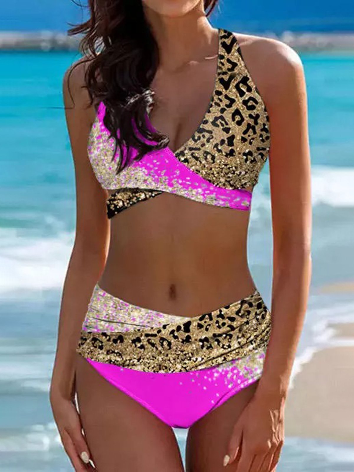 Vacation V Neck Printing Leopard Bikini