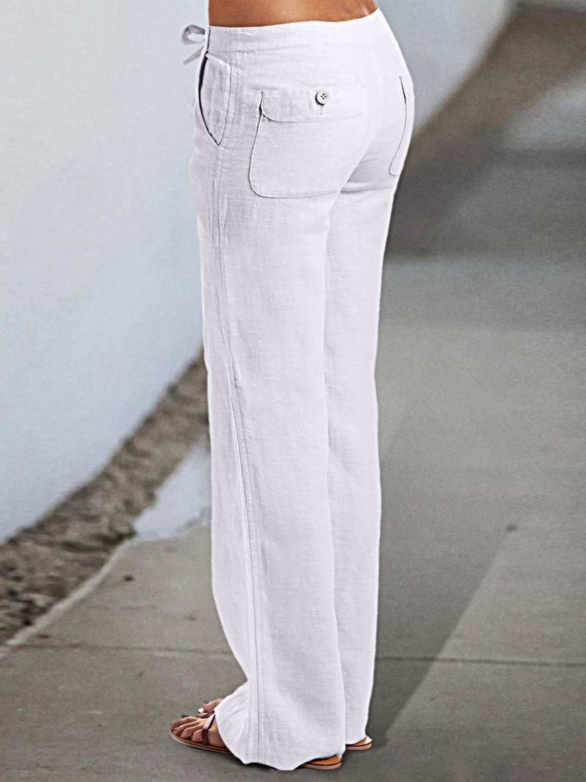 Linen Loose Cotton Flap Pocket Drawstring Wide Leg Pants