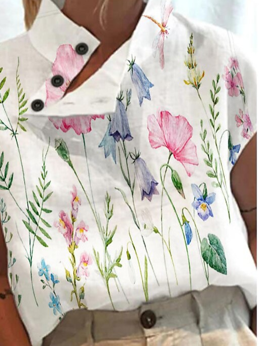 Loose Floral Asymmetrical Linen Shirt
