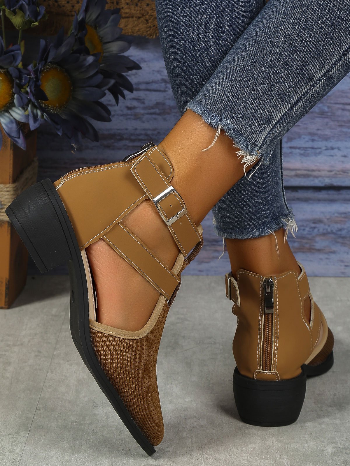 Casual Breathable Block Heel Hollow Ankle Boots with Zipper
