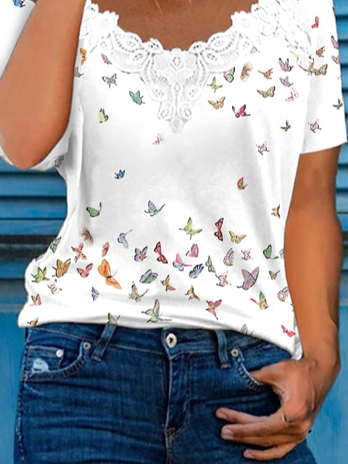 Casual V Neck Butterfly Lace Shirt