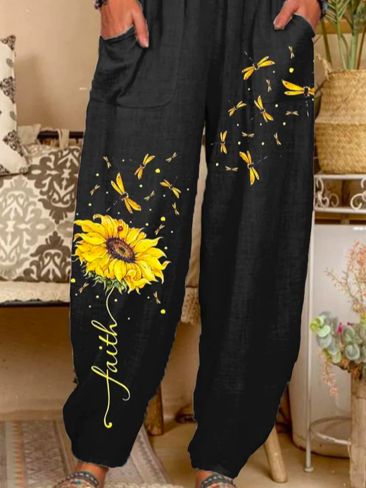 Cotton Floral Vacation Sunflower Art Print Lounge Pants