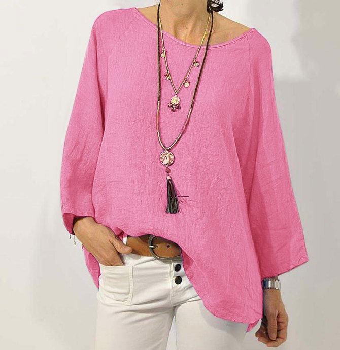 Loose Crew Neck Cotton Shirt & Blouses
