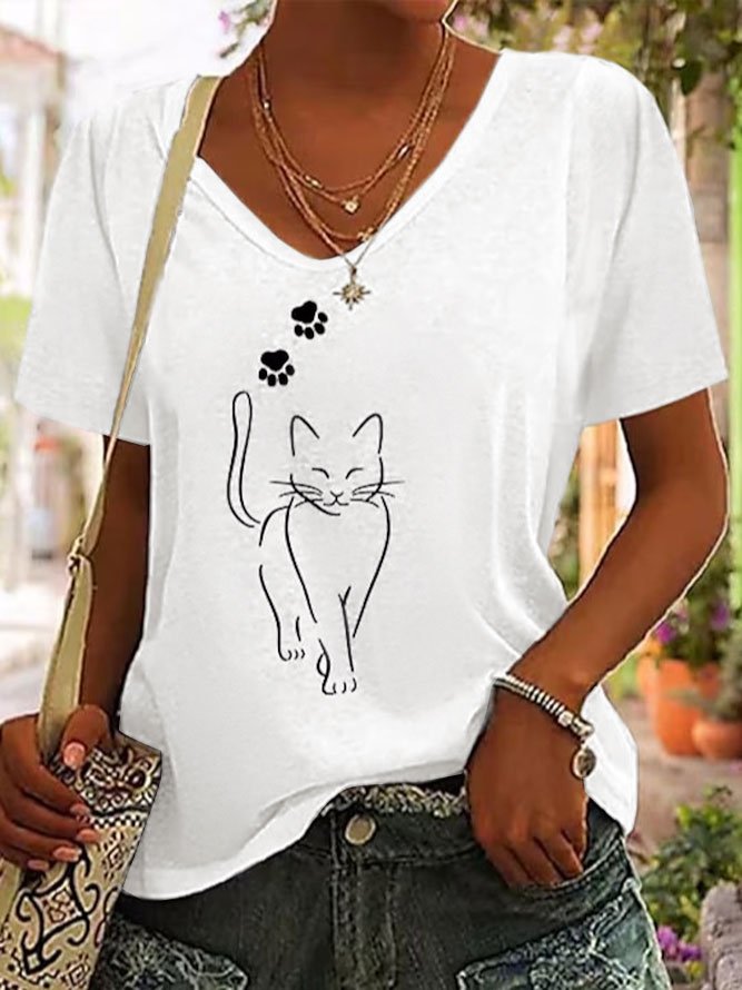 Casual V Neck Cotton Cat T-Shirt