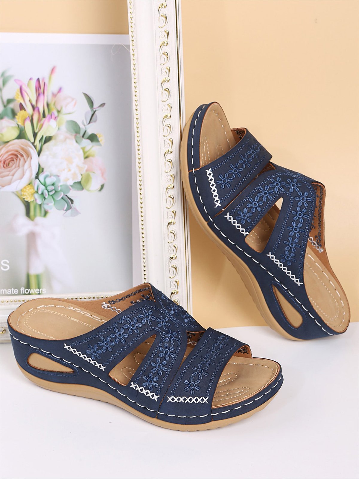 Vintage Hollow Out Stitch Wedge Heel Slide Sandals