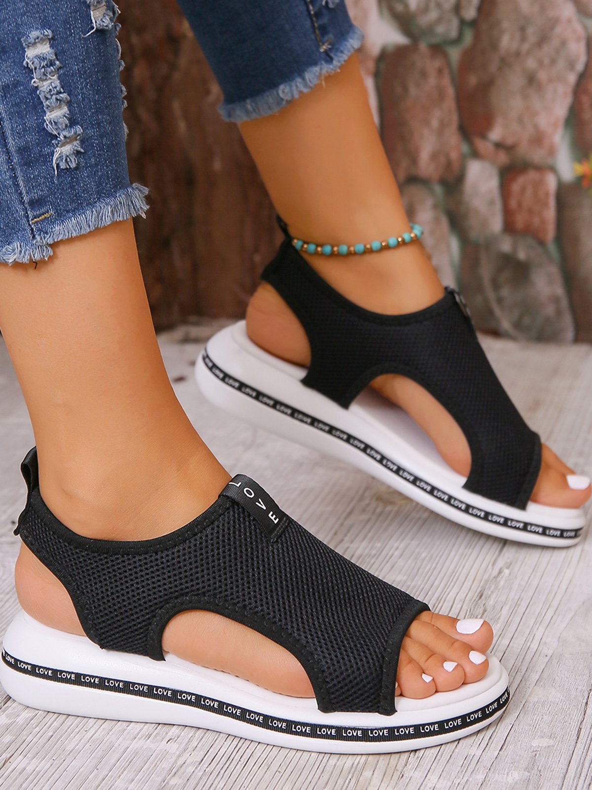 Breathable Mesh Fabric Cutout Slip On Sports Sandals