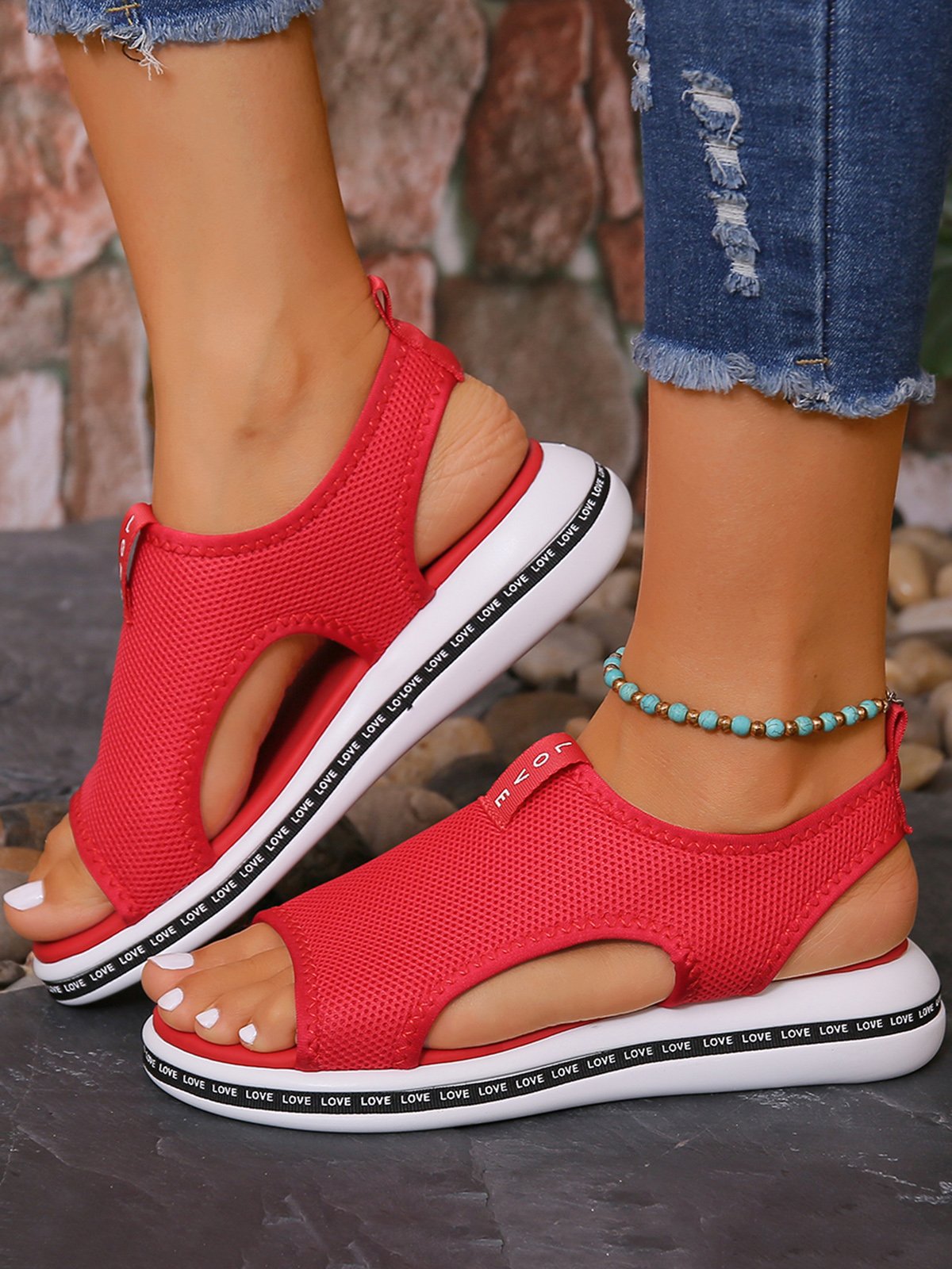Breathable Mesh Fabric Cutout Slip On Sports Sandals