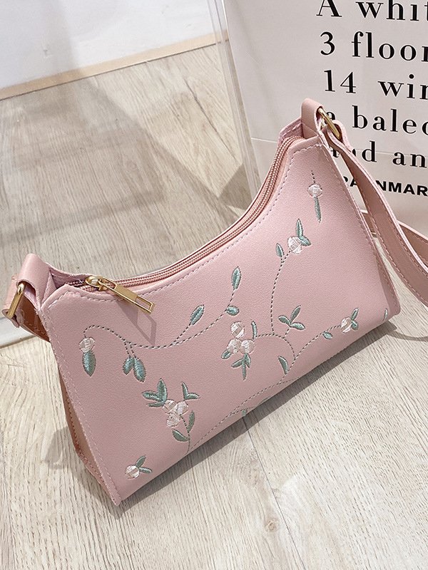 Urban Casual Floral Embroidered Leather Shoulder Bag Daily Commuting