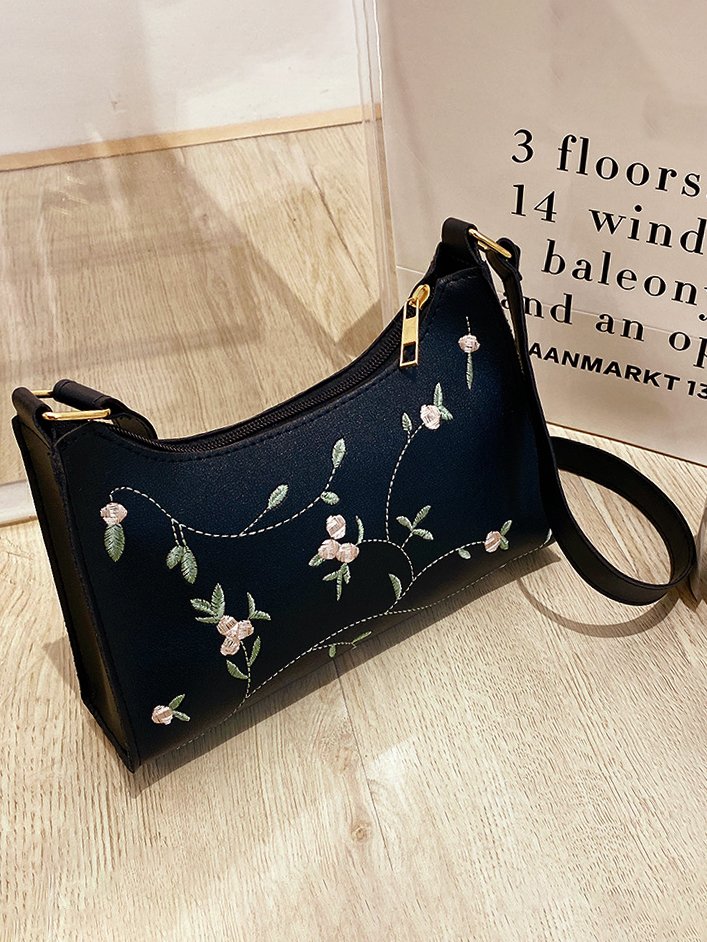 Urban Casual Floral Embroidered Leather Shoulder Bag Daily Commuting