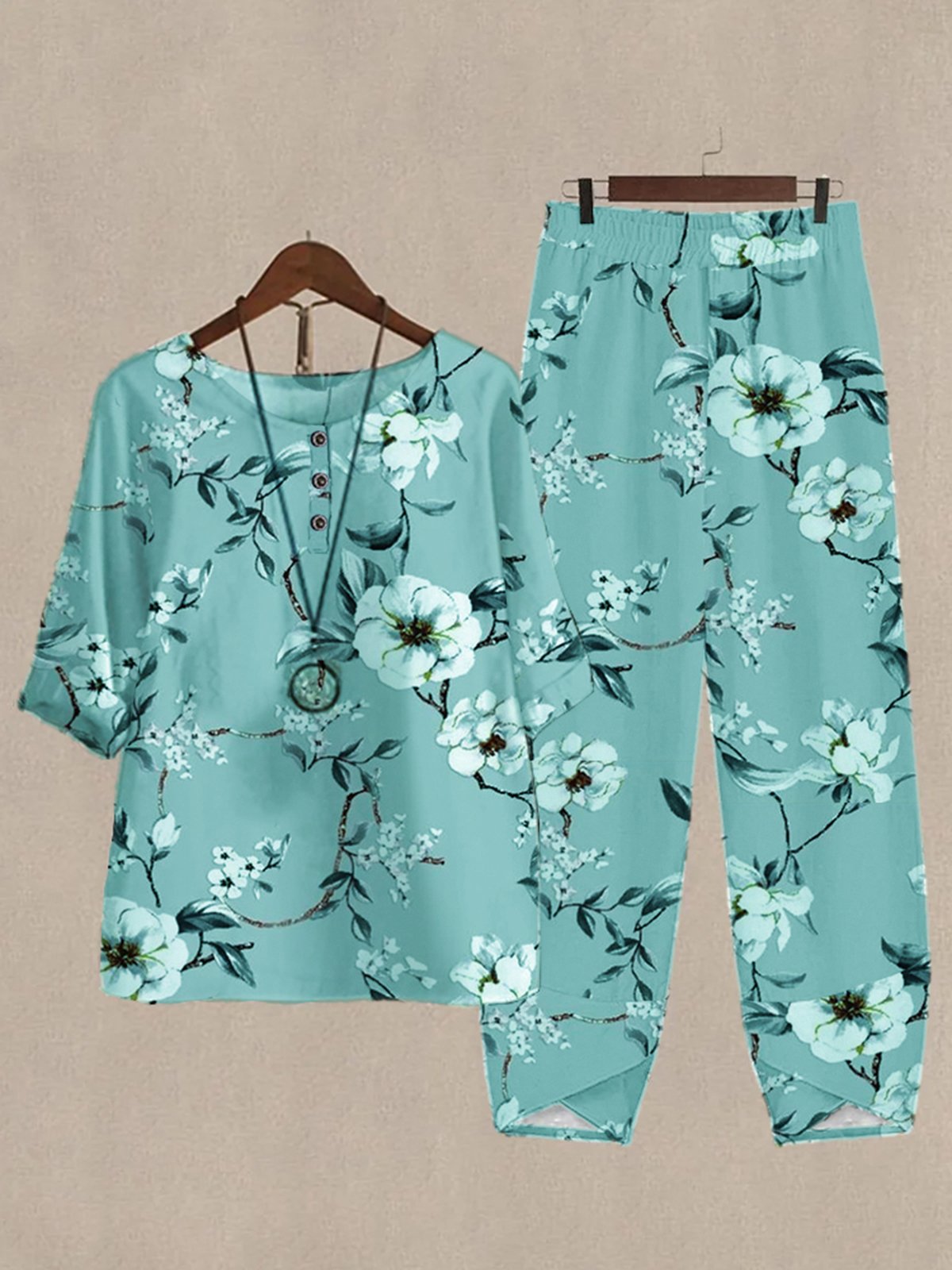 Casual Floral Crew Neck Loose Two-Piece Set