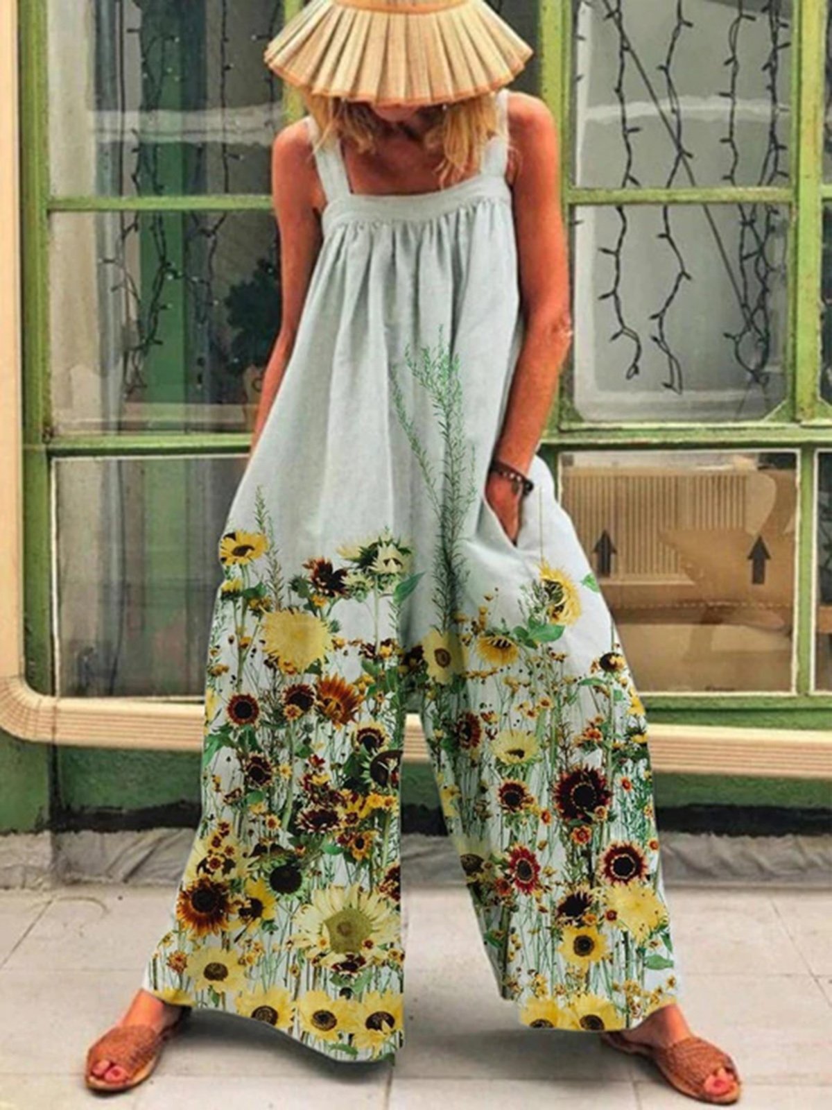 Casual Floral Loose Square Neck Jumpsuit