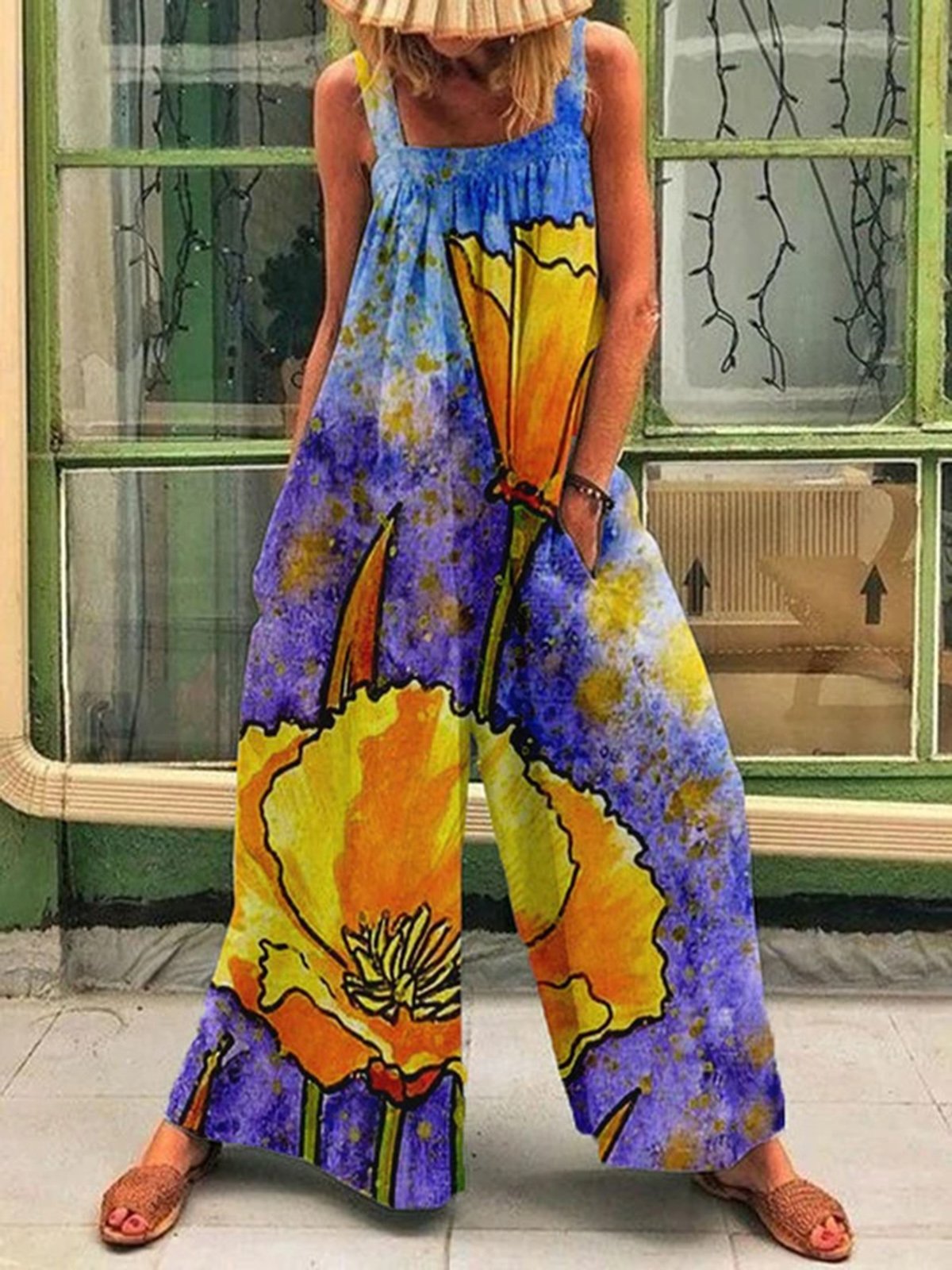 Casual Floral Loose Square Neck Jumpsuit