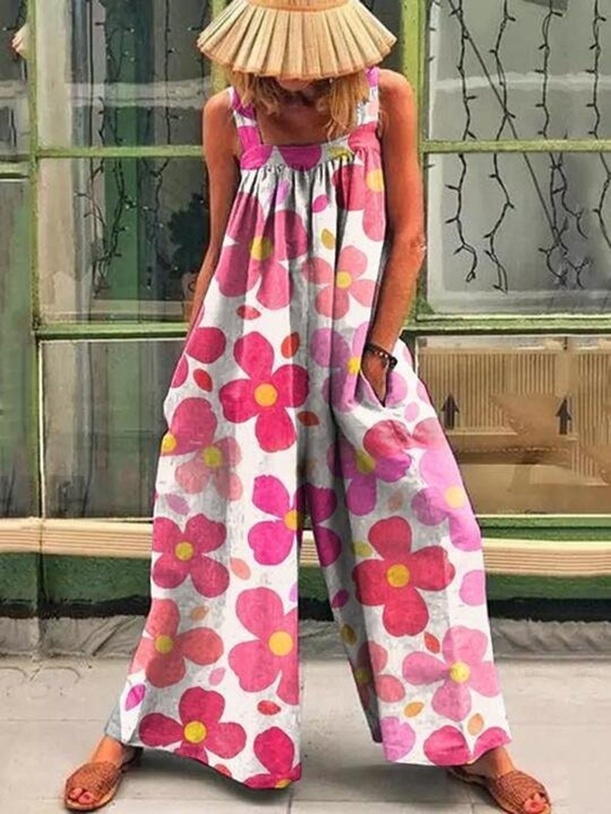 Casual Floral Loose Square Neck Jumpsuit