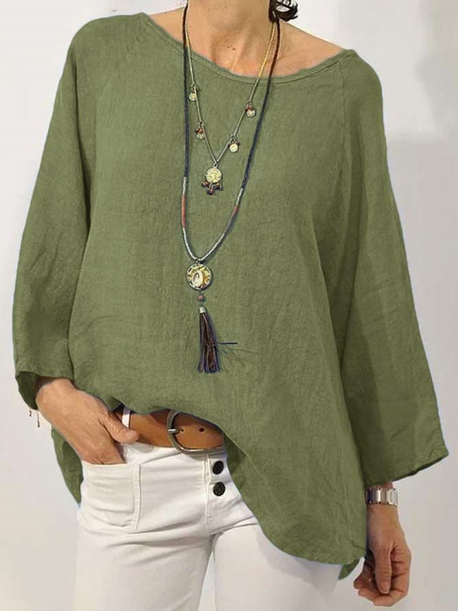 Loose Crew Neck Cotton Shirt & Blouses