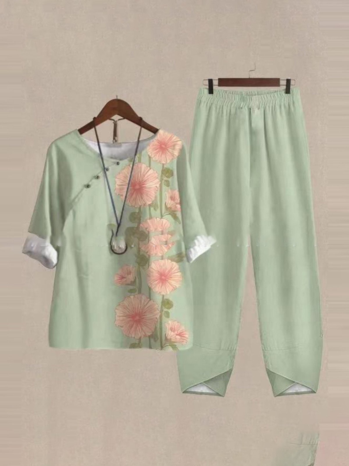 Loose Vacation Cotton And Linen Regular Sleeve Two-Piece Set