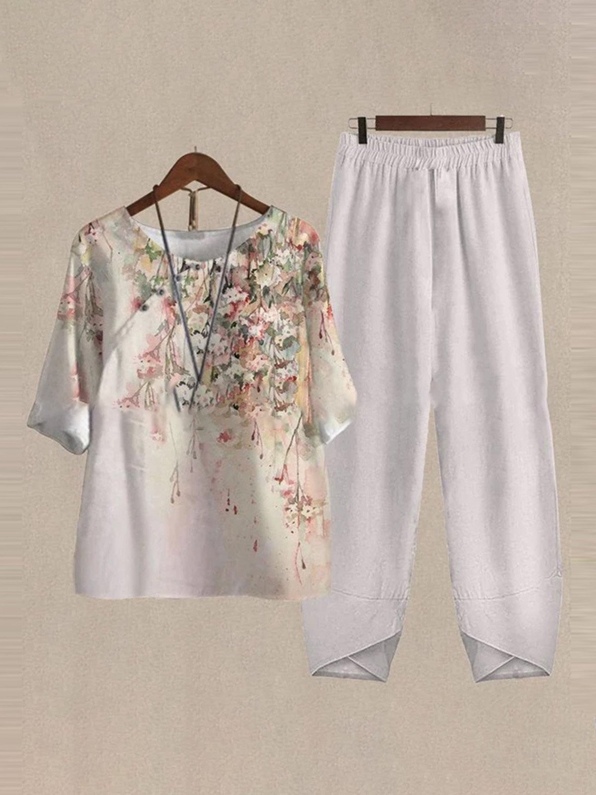 Loose Vacation Cotton And Linen Regular Sleeve Two-Piece Set