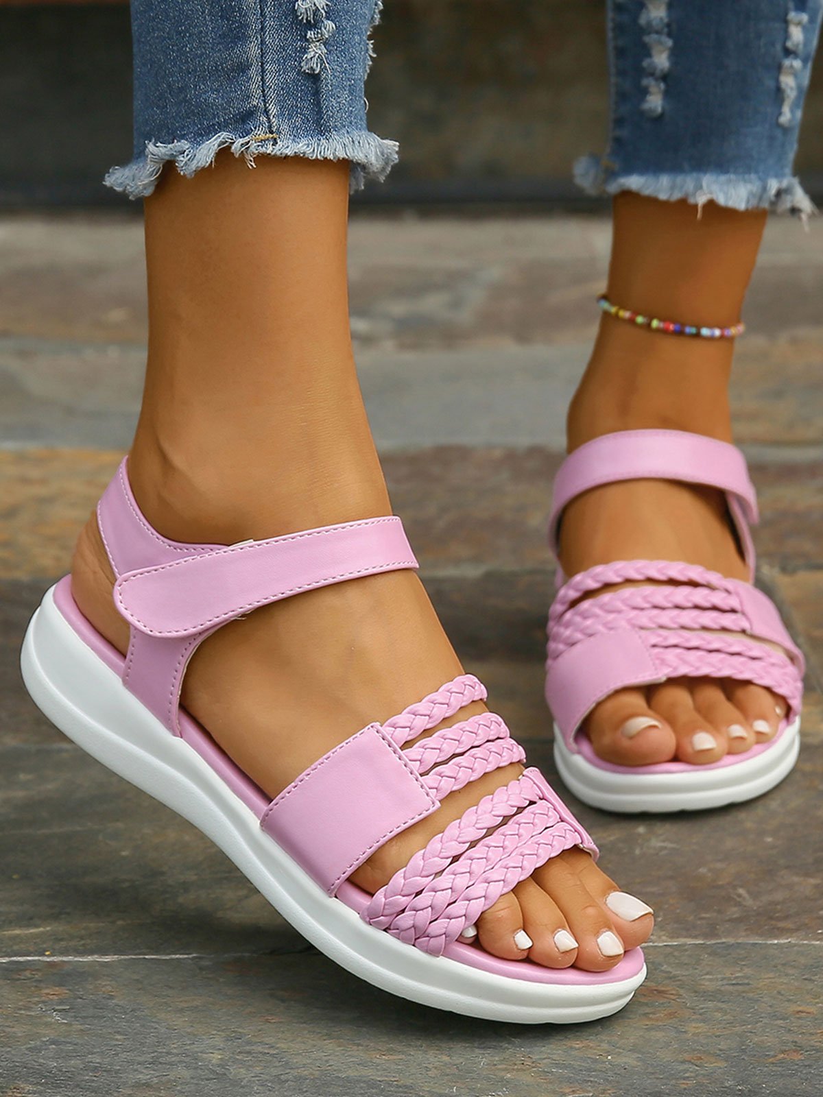 Casual Braided Strappy Sandals with Velcro