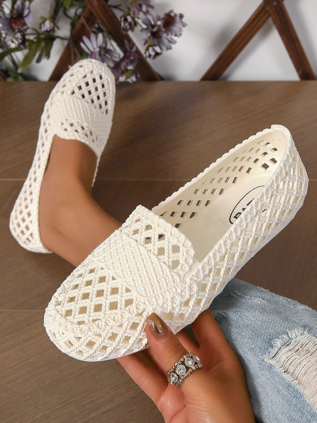 Women Hollow Out Waterproof Slip On Shoes