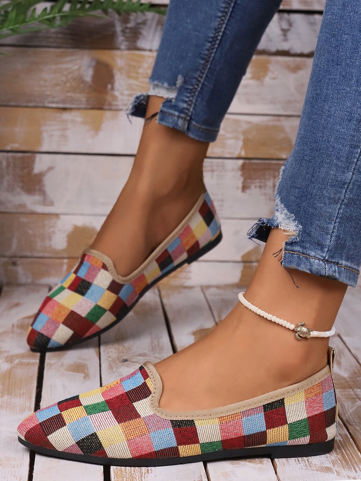 Multicolor Plaid Casual Flat Slip On Shoes