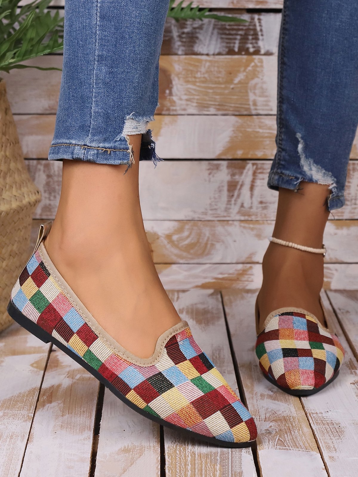 Multicolor Plaid Casual Flat Slip On Shoes