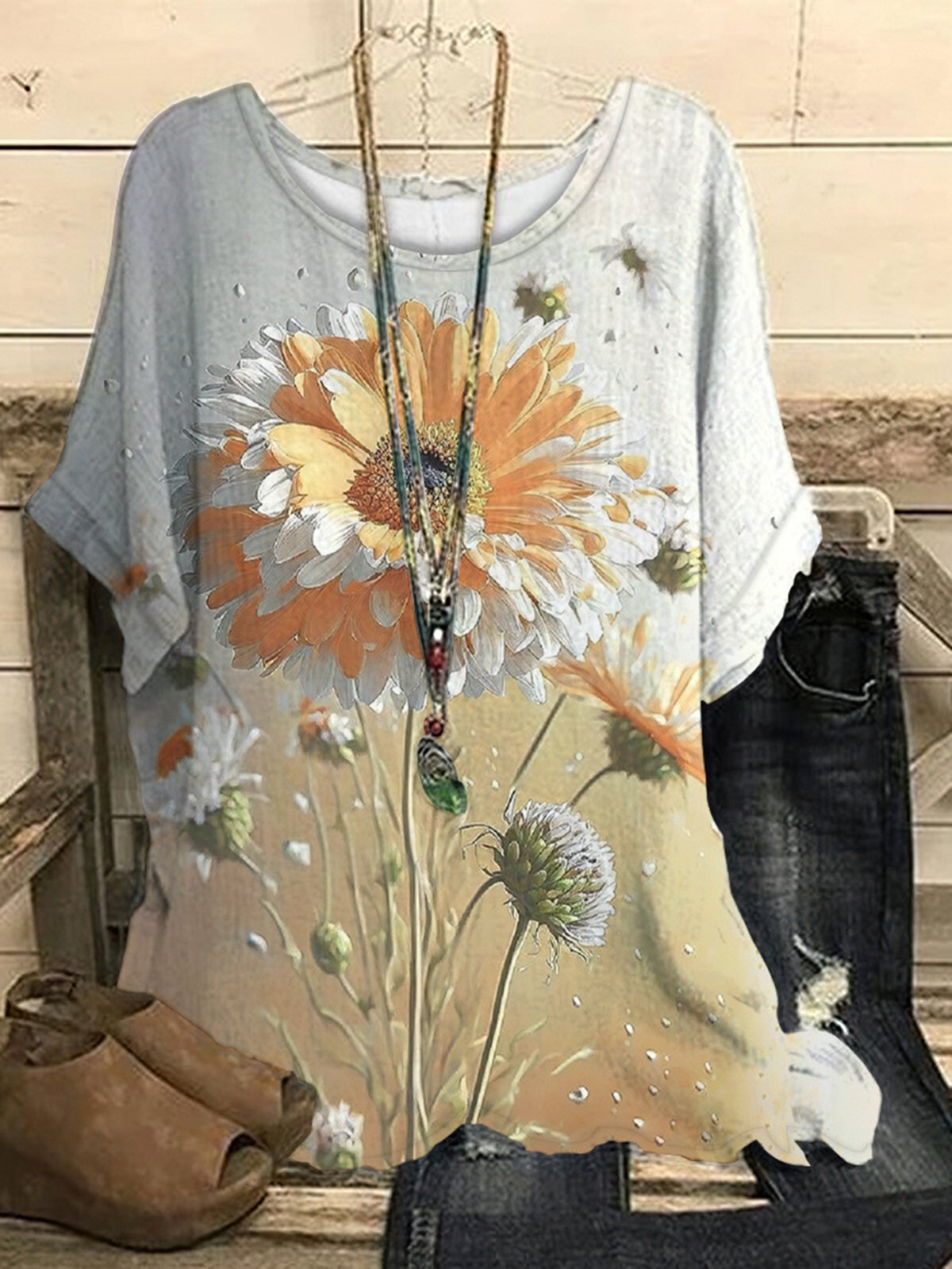 Casual Floral Regular Fit Crew Neck T-Shirt