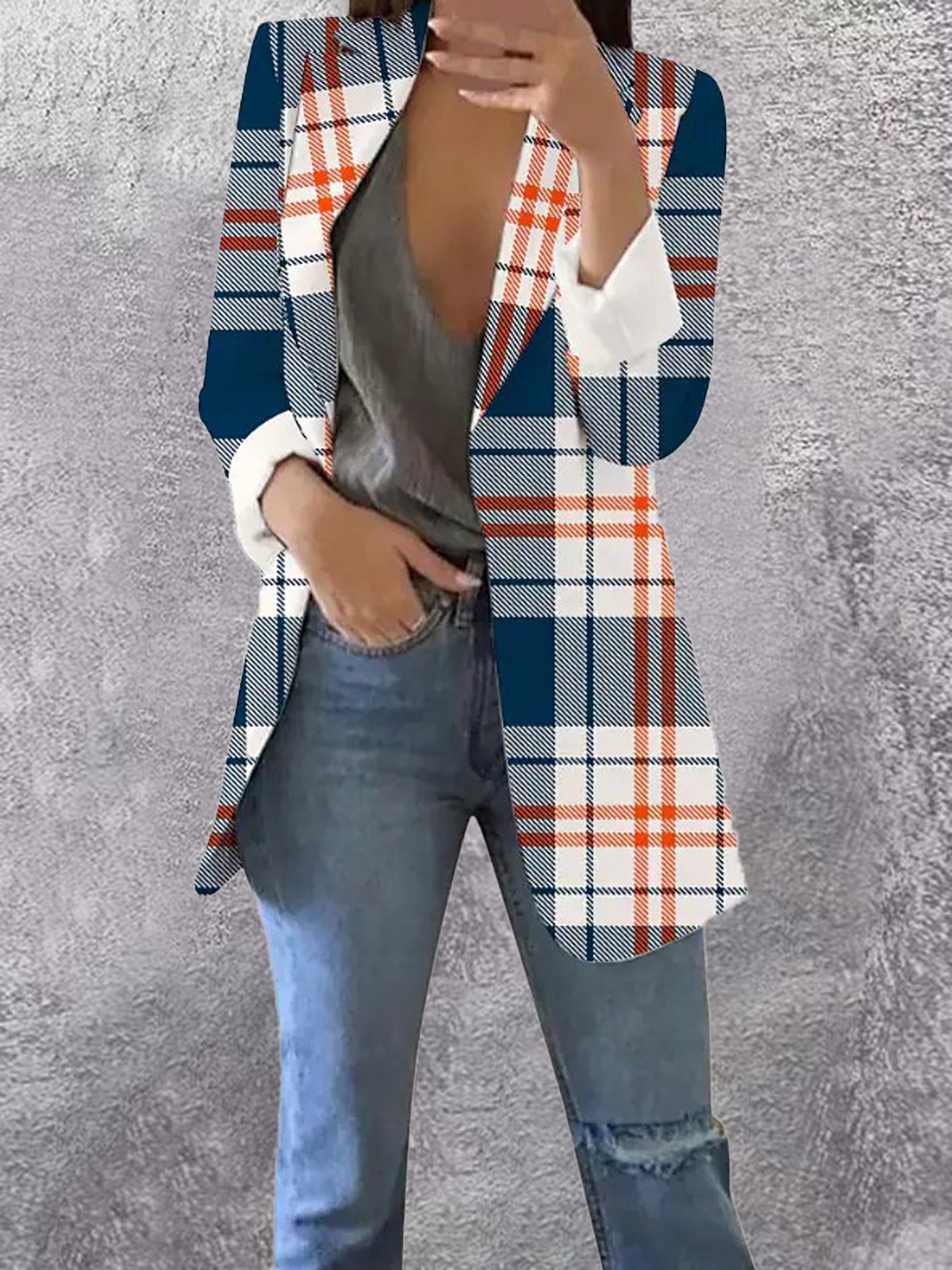 Casual Shawl Collar Plaid Blazer