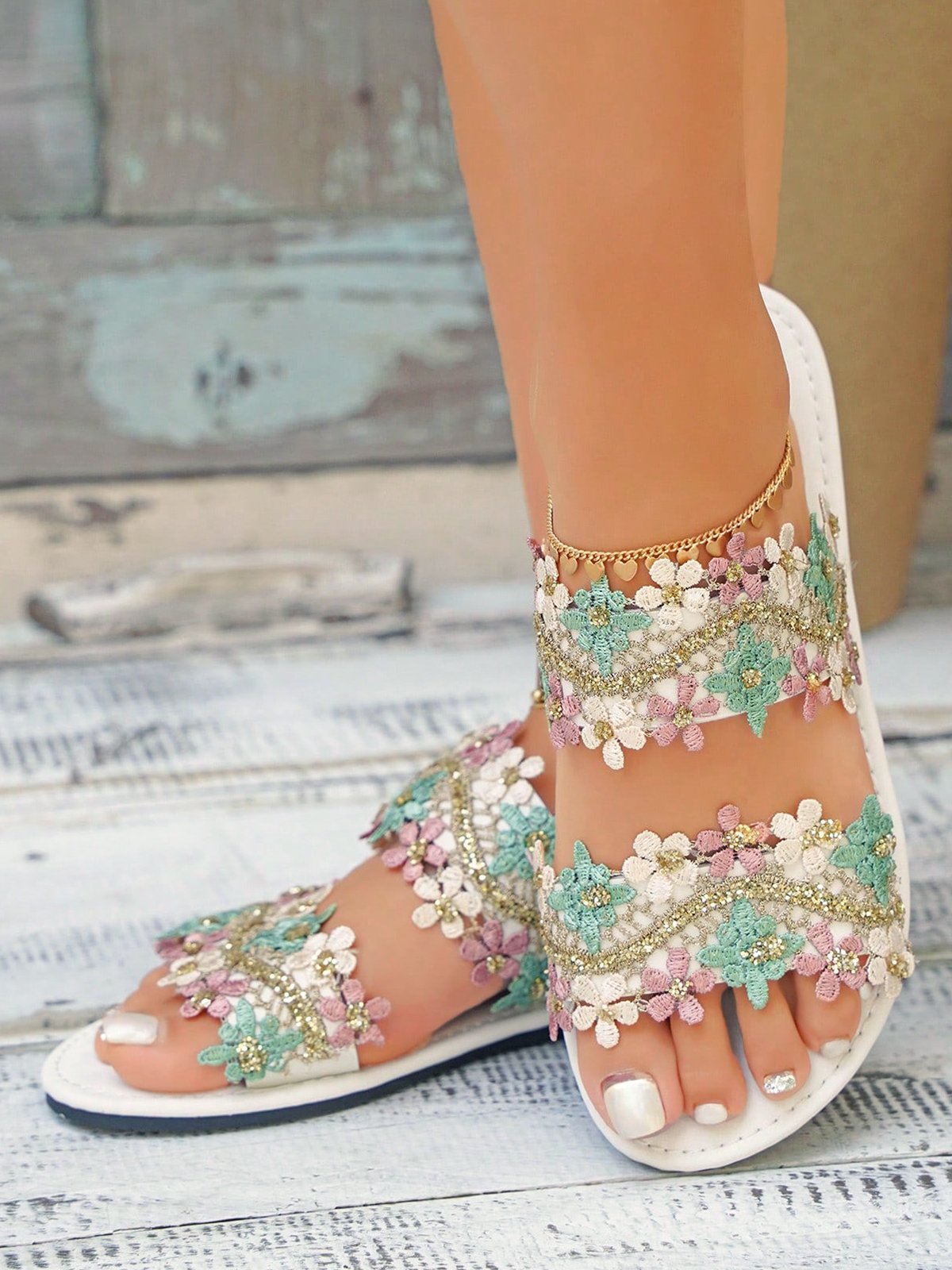 Vacation Floral Beaded Beach Slide Sandals