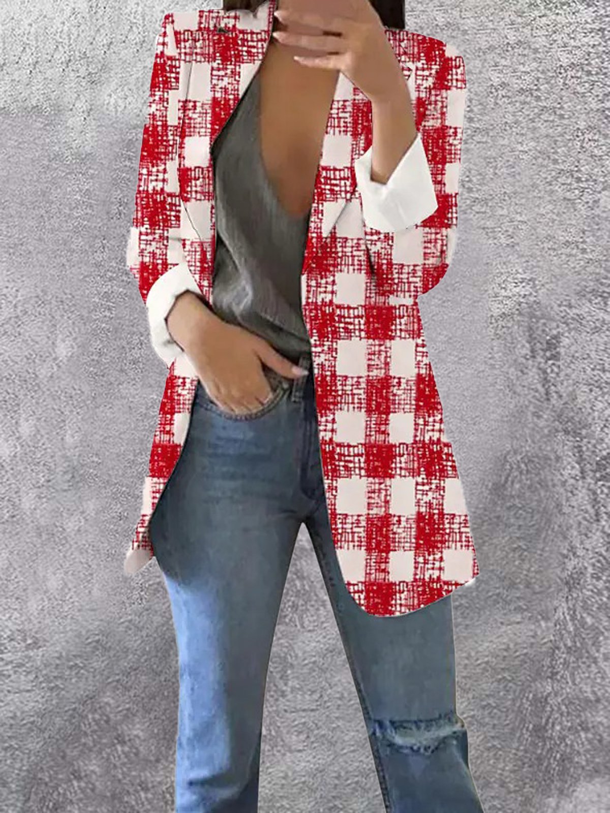 Casual Shawl Collar Plaid Blazer