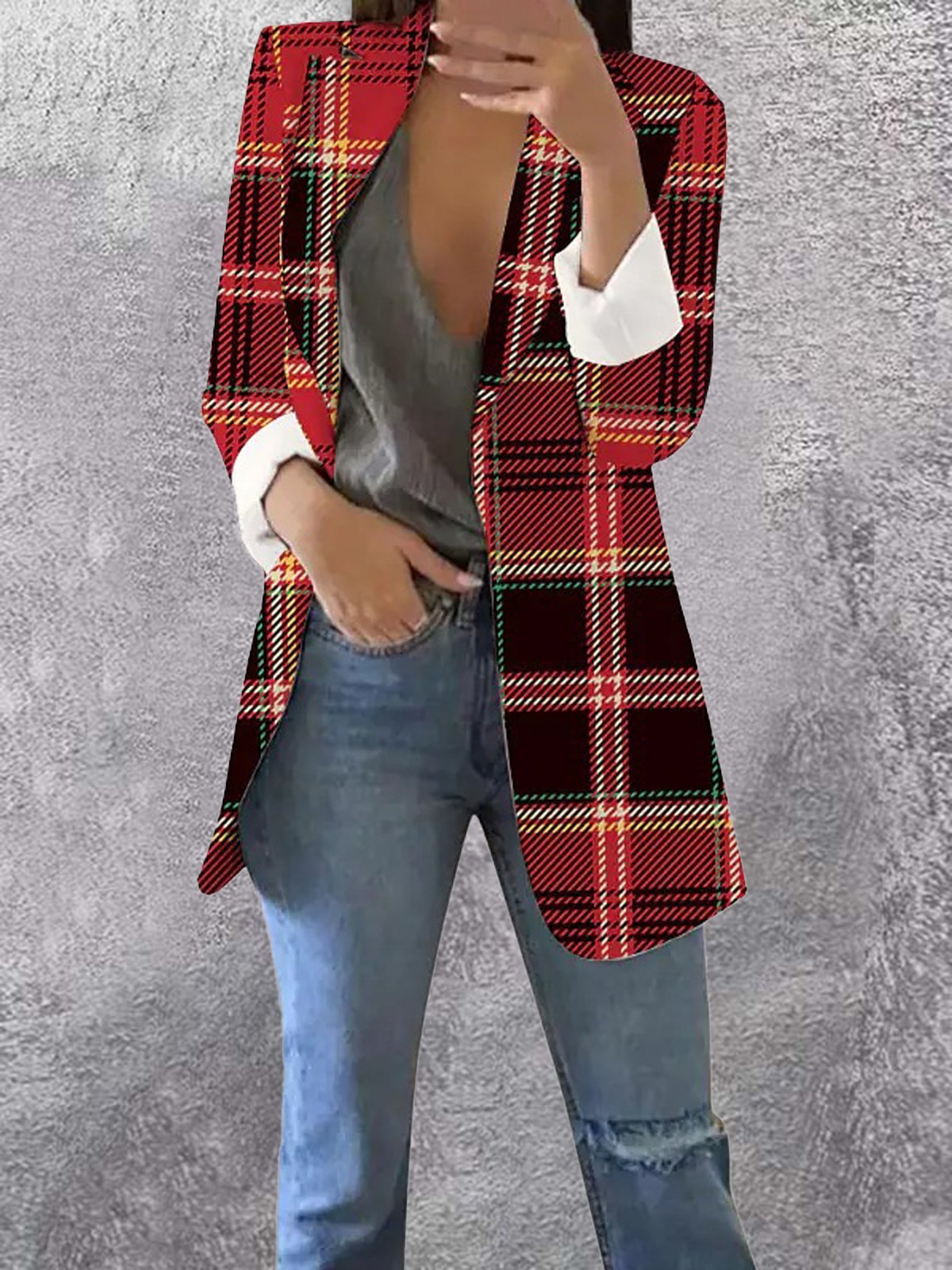 Casual Shawl Collar Plaid Blazer